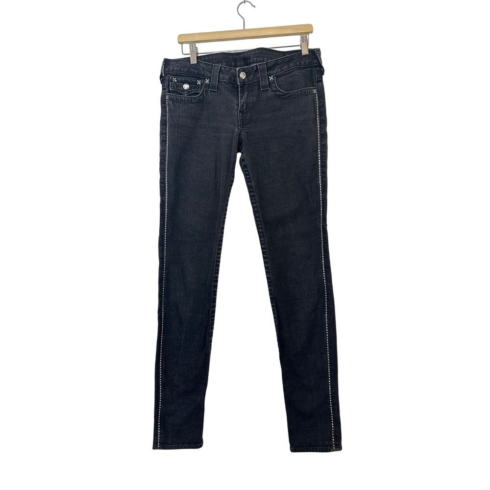 True Religion Brand Jeans Women's Size 31 Black Wash Skinny Rhinestone Jeans‎